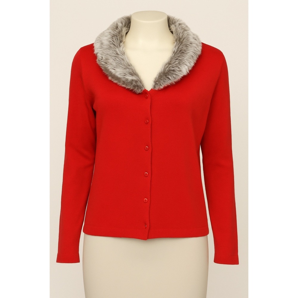 KIKIT‎ Cardigan Sweater Large Red Faux Fur Collar Classic Y2K Vintage